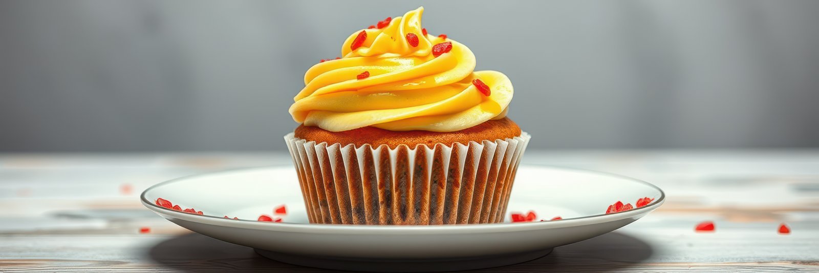 Delightful cupcake topped with swirls of yellow frosting and red sprinkles placed on a white plate